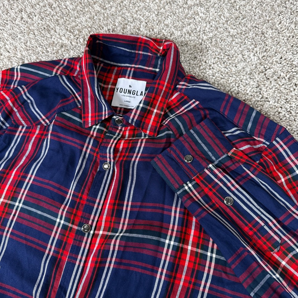 YoungLA Shirt Mens Large Navy Red Plaid Pearl Snap Western‎ Viscose Long Sleeve